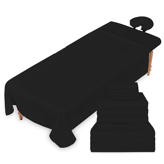 Massage Table Sheets Sets – 4 Set Bundle, 120GSM Double Brushed Microfiber, Premium Massage Sheets Sets, Spa Bed Sheets for Esthetician, Wrinkle & Oil Resistant, Black