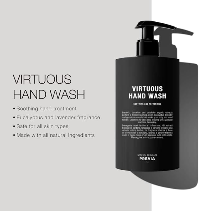 PREVIA Virtuous Hand Wash Nourishing & Hydrating Soap for Dry Skin Lavender & Geranium Essential Oils Vegan Natural Ingredients Gentle Skin Care Soap for Men & Women 16.9 oz