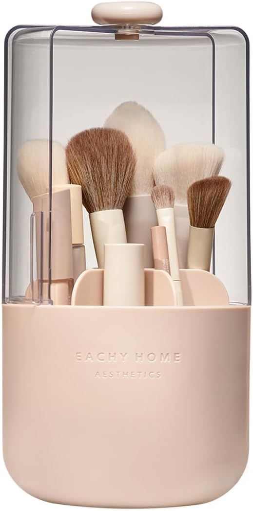 EACHY Makeup Brush Holder 360° Rotating with Dustproof Lid, Waterproof Material, 7 Compartments for Organized Storage, Stylish and Durable Design for Vanity or Bathroom (Pink)