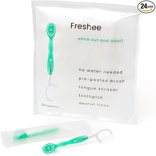 Freshee 5 in 1 Disposable Mini Toothbrush with Toothpaste + Floss + Pick + Tongue Scraper | Travel Size | Individually Wrapped | Soft | Mint | Travel Set | Oral Care
