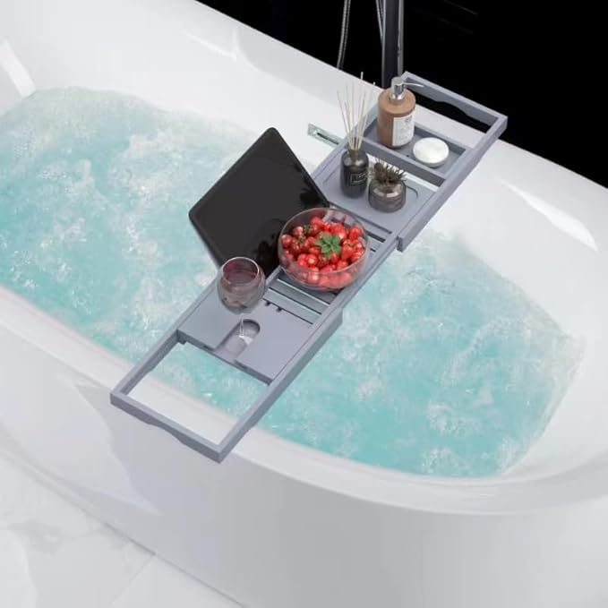 Foldable Bathtub Tray - Expandable Bamboo Bath Caddy Tray for Tub - Luxury Wood Bath Accessories, Perfect Spa Experience for New Home - Unique House Warming Gifts for Mom, Women, Couples