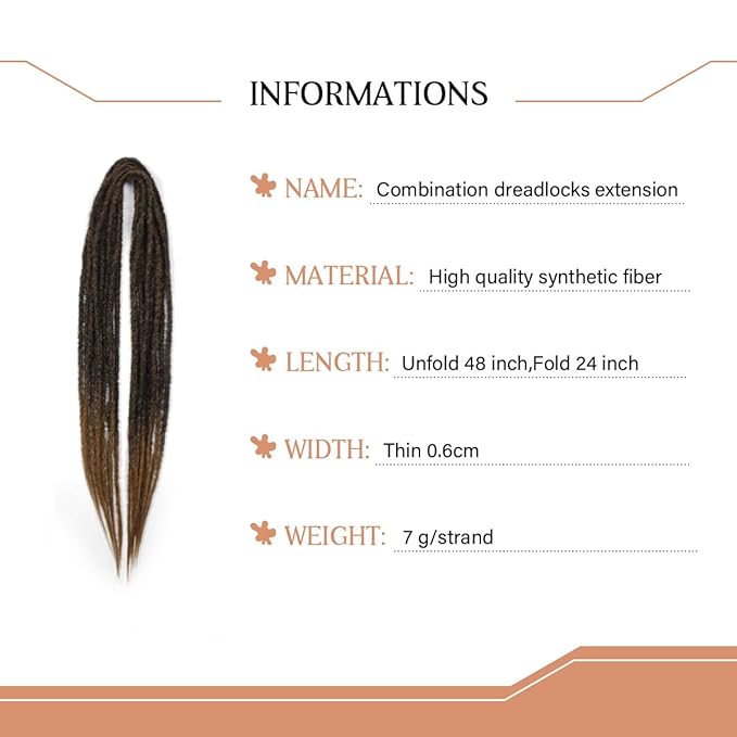 24 In Double Ended Dreadlock Extensions, Ombre Brown 10 Strands Thin 0.6cm Width Synthetic DE Dreads Extensions, 100% Handmade Dreads Hippie Style Dreadlocks for Woman