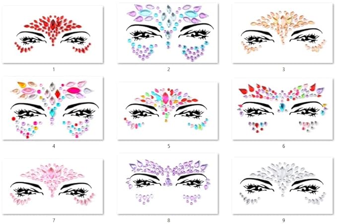 Face Gems Adhesive Glitter Jewel Tattoo Sticker Festival Gems Rave Party Body Make Up (9 PCS Z9ZAKMIX-C)