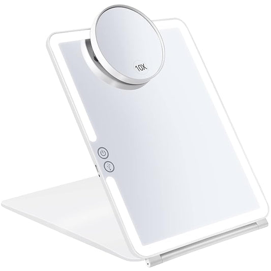 KEDSUM Rechargeable Lighted Makeup Mirror with Cover, LED Travel Mirror with Lights, Compact Vanity Mirror with Touch Screen Dimming, with a Magnification Pocket Spot Mirror