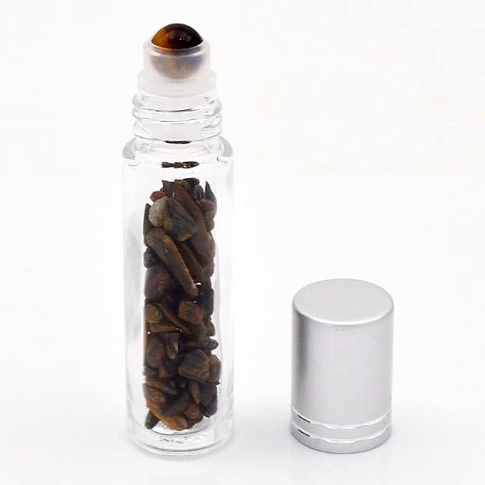 Essential Oil Roller Bottle 10ml w EVA Carrying Travel Case（Clear Glass Bottle with silver Cap、10pack、Gemstone Roller Balls、Healing Crystal Chips Inside、Opener)Gemstone Roller Ball Bottles