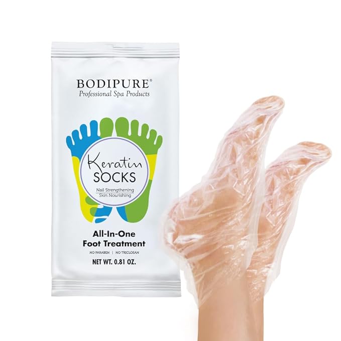 Bodipure All-In-1 Moisturizing Foot Mask | Keratin & Vitamin E Foot Mask for Dry Cracked Feet, Callus & Heel Softening | Easy-to-Use Pedicure Foot Repair | Chemical-free Feet Treatment | 50 Pairs