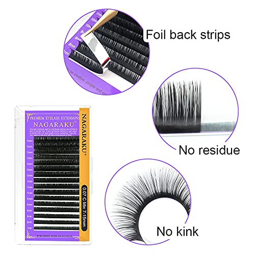 NAGARAKU 5 Trays Eyelash Extensions Individual Lashes 0.12mm C curl 11/12/13/14/15mm in 1 pack Classic Matte Black Natural Professional Faux Mink 16 rows