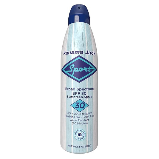 Panama Jack Sport Sunscreen Spray - SPF 30, Broad Spectrum UVA/UVB Protection, PABA, Paraben, Gluten & Cruelty Free, Water Resistant (80 Minutes), 5.5 OZ