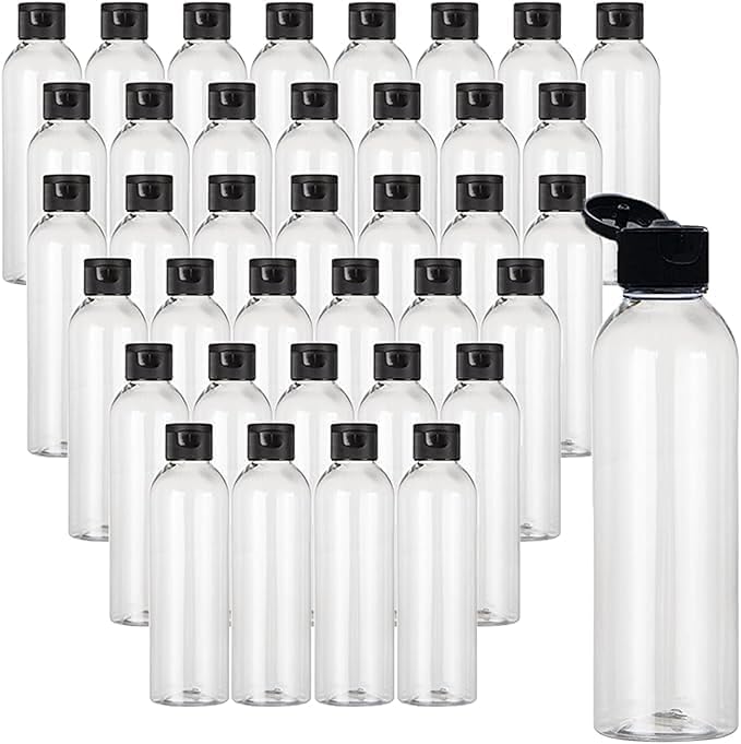 38 Pcs Plastic Travel Bottles, Refillable Squeeze Travel Containers, Bottles with Black Disc Top Flip Caps for Travel, 6.7 oz Clear Plastic Empty for Travel, Shampoo, Hand cream, Toiletries Liquid