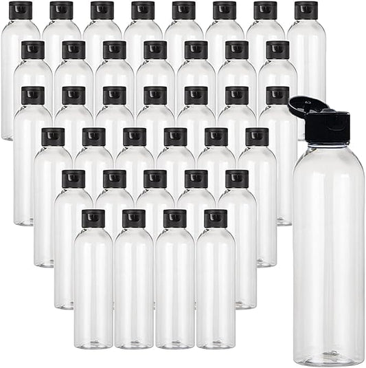38 Pcs Plastic Travel Bottles, Refillable Squeeze Travel Containers, Bottles with Black Disc Top Flip Caps for Travel, 6.7 oz Clear Plastic Empty for Travel, Shampoo, Hand cream, Toiletries Liquid