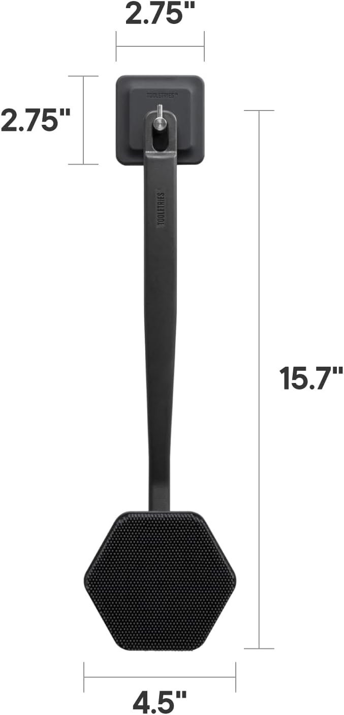 TOOLETRIES Silicone Back Scrubber with Hook - Exfoliating Shower Brush, Back Washer for Men, Durable Back Brush with Long Handle - Long Lasting Bath & Shower Accessories - Charcoal