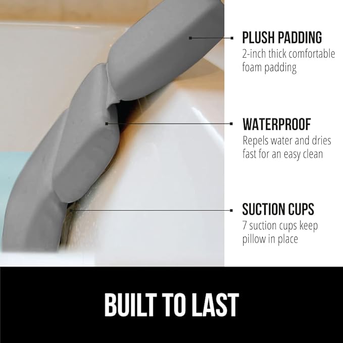 GORILLA GRIP Bath Pillow for Tub, Improved Suction Cups, Luxury Bathtub Pillows, Headrest for Neck and Back Support, Relaxing Home Spa, Hot Tubs and Bathroom Essentials, Gifts for Women, 3 Panel Gray