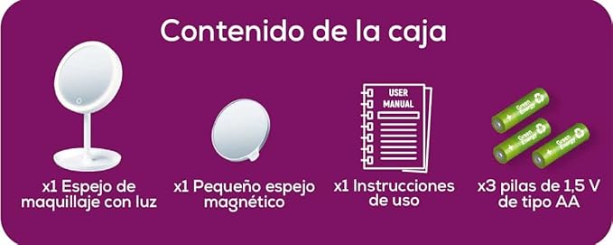 Beurer Illuminated 5X Vanity and Cosmetics Mirror, Touch Sensor Surface, Storage Tray, with Portable, Magnetic Magnifying Makeup Mirror, White LED Light and Dimmer, Cordless, 360° Rotation, BS45