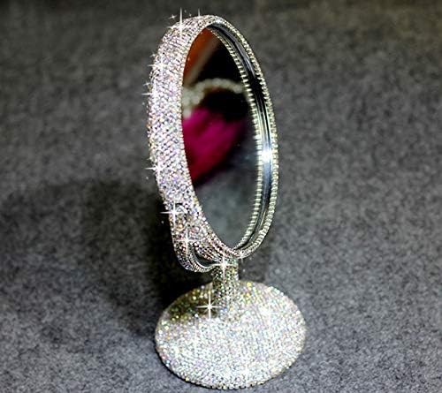 Bling Rhinestone Portable Magnified Double Sided Swivel Makeup Vanity Mirror, 360°Rotate Makeup Mirror Round Shaped Two-Sided Makeup Mirror (Silver)