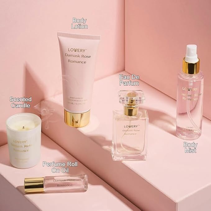 Mother's Day Womens Gifts, Birthday Gifts for Mom, Self Care Gifts for Women, Damask Rose Romance Spa Kit with Soy Candle, Perfume Roll On, Body Lotion, Body Mist & Eau de Parfum, Bath & Body Care Set