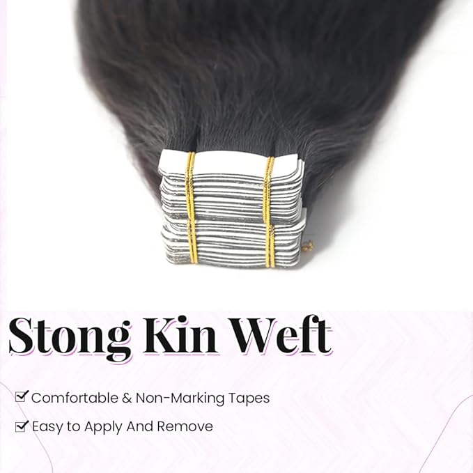 40pcs 100G Yaki Tape in Human Hair Black Extension for Women - Invisible Tape, Glue in Remy Human Hair Piece - Seamless Skin Weft Double Sided - Light Yaki Straight 22 Inches