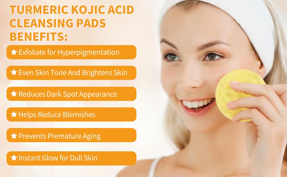 Turmeric & Kojic Infused Exfoliating & Cleansing Pads for Discoloration, Dark Spots, Uneven Skin. Deep Clean & Unclog Pores, Brighten, Glow & Smooth Skin (Pack of 30)