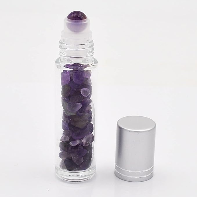 Essential Oil Roller Bottle 10ml w EVA Carrying Travel Case（Clear Glass Bottle with silver Cap、10pack、Gemstone Roller Balls、Healing Crystal Chips Inside、Opener)Gemstone Roller Ball Bottles
