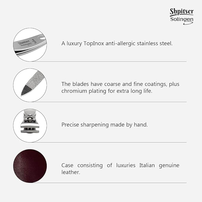 Shpitser Solingen Luxuries TopInox Surgical Stainless Steel German Hand Sharpened Manicure Pedicure Travel Set Grooming kit In Italian Leather Case Made in Solingen Germany (Dark Drown)