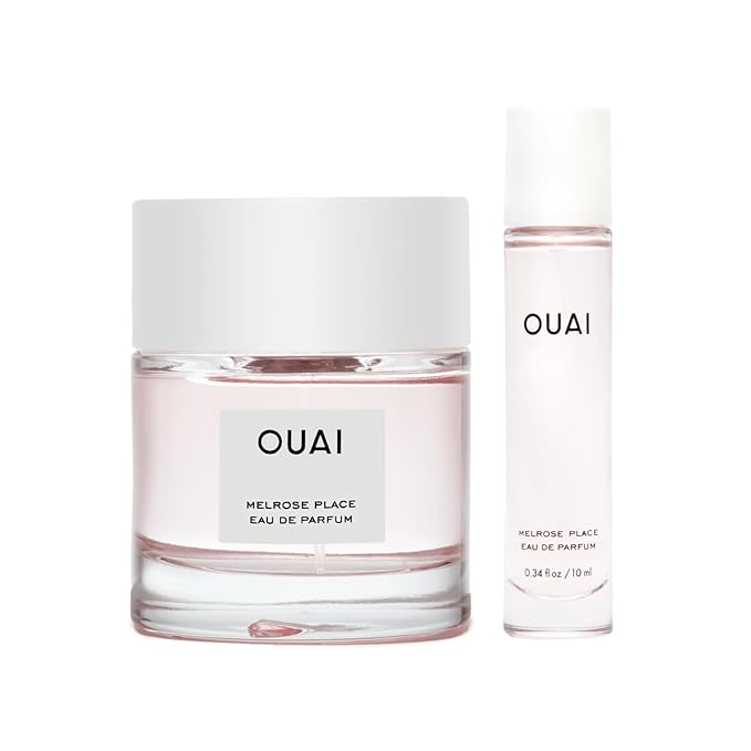 OUAI Melrose Place Eau de Parfum Set - Elegant Womens Perfume for Everyday Wear - Fresh Floral Scent, Notes of Champagne, Bergamot & Rose with Hints of Cedarwood & Lychee (2 Count, 0.34 Oz/1.7 Oz)