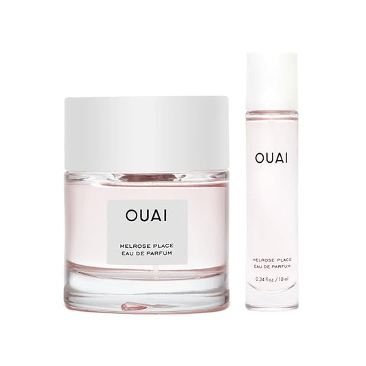 OUAI Melrose Place Eau de Parfum Set - Elegant Womens Perfume for Everyday Wear - Fresh Floral Scent, Notes of Champagne, Bergamot & Rose with Hints of Cedarwood & Lychee (2 Count, 0.34 Oz/1.7 Oz)