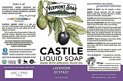 Vermont Castile Soap Lavender, Gentle Liquid Soap for Sensitive Skin & Natural Body Wash, Organic Hair Shampoo for Oily Hair, Aloe Castile Soap for Men & Women - 16 Oz