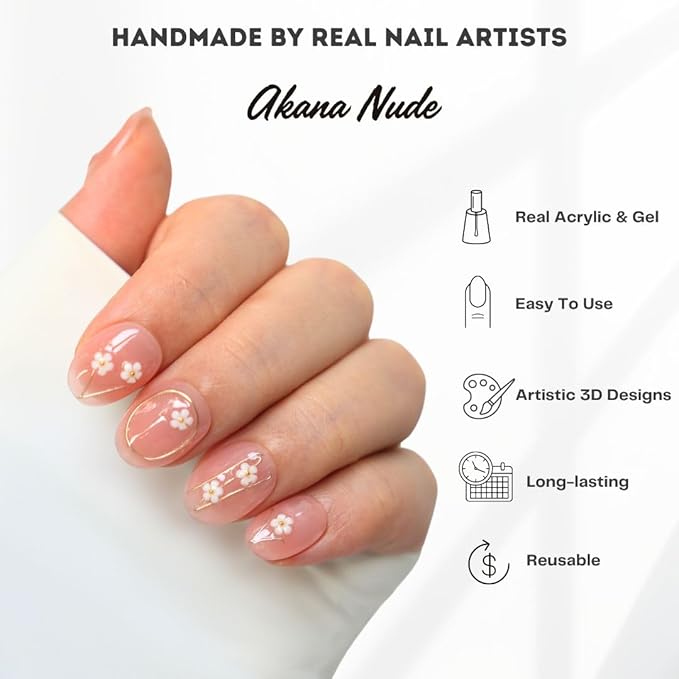 3D Press on Nails - Short, Medium, Oval & Almond - Glitter Cat Eye - Gel Finish - Durable & Reusable - False Nails - 10 Pcs (Akana Nude, L)