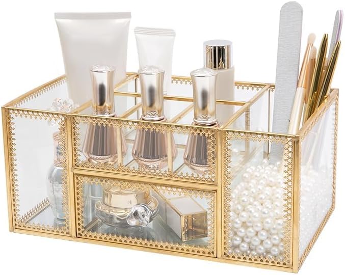 FSyueyun Vanity Clear Glass Makeup Organizer, Gold Makeup Brush Holder Cosmetic Storage Display Case for Skincare Perfume Dresser Countertop