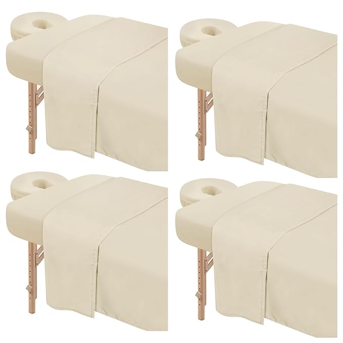 4 Sets Premium Microfiber Massage Table Sheets Set 3 Piece Set Includes Massage Table Cover Fitted Sheet and Fitted Face Rest Cover, Beige