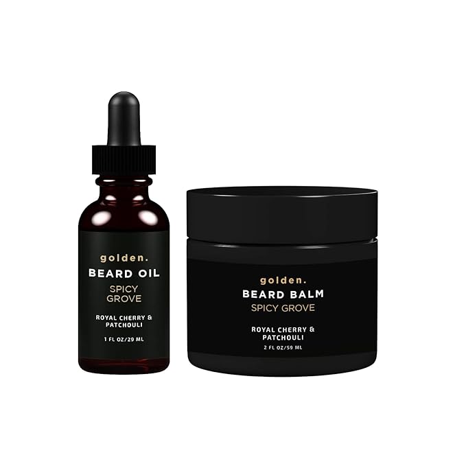 Golden Grooming Beard Oil & Balm Bundle for Men | Natural Growth Kit with Shea Butter | 2oz Balm & 1oz Oil | Spicy Grove