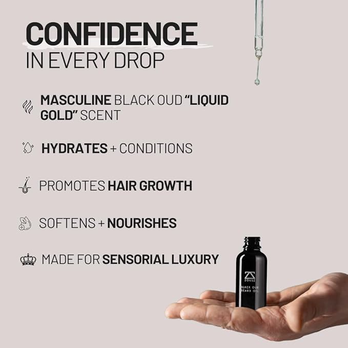 Black Oud Beard Oil for Men, Beard Moisturizer & Conditioner, Non-Greasy Men's Beard Care Essential, Growth Enhancer Natural Beard Oil Men's Gift, 1 Fl Oz Dropper Bottle