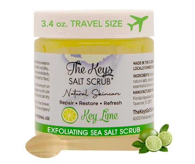 The Keys Sea Salt Body Scrub - Exfoliating With Wooden Spoon for Men, Women - Foot and Hand Scrub Made With Pure Florida Sea Salt, Organic Essential Oils & Nutrients (Key Lime, 3.4 oz)
