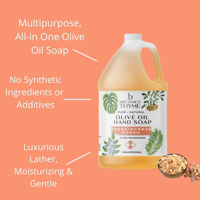 Brittanie's Pure Organic Castile Liquid Olive Oil Soap Refill, Frankincense, 1 Gallon | Face, Body Wash, Dishes, Pets & Laundry | Vegan & Gluten Free Non-GMO