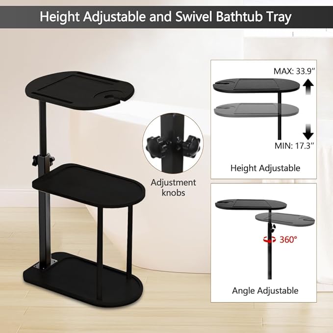 3 Layer Bathtub Tray Table,Bamboo Swivel Bathtub Side Table Height Adjustable,Freestanding Bathtub Tray for Tub Against Wall,Bathtub Accessories&Bathroom Organizer for Luxury Home Spa-Black