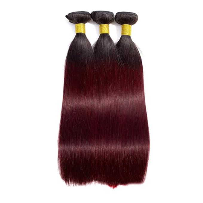 Ombre Human Hair 1B99J Straight Bundles Two Tone Black to Burgundy Bundles Brazilian Human Hair Weave Soft and Silky for Women 24 26 28 Inch