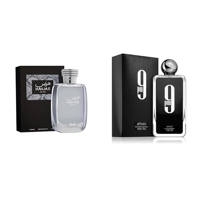 RASASI Hawas for Men EDP, Long-Lasting Pour Homme Spray, Aquatic Scent Designed to Embody Masculine Strength and Vigor, Signature Bottle, 3.4 OZ & AFNAN 9 PM for Men Eau de Parfum Spray, 3.4 Ounce