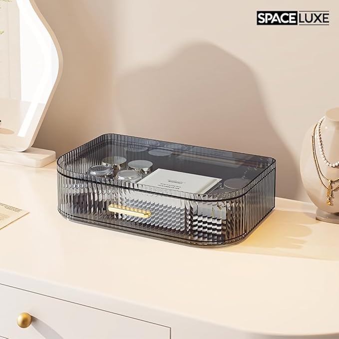 Makeup Organizer with Drawers and 360° Rotating Brush Holder, Large Capacity Cosmetic Storage for Vanity, Skincare, Perfume, Hair Accessories, Lipstick & Jewelry (Transparent Gray, 3-layer)