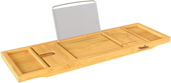 Foldable Bathtub Tray Expandable to 109cm with Bath Bomb and Scented Candle, Adjustable, Waterproof Bamboo Bathtub Caddy with Anti Slip Grip Pads for Home Spa