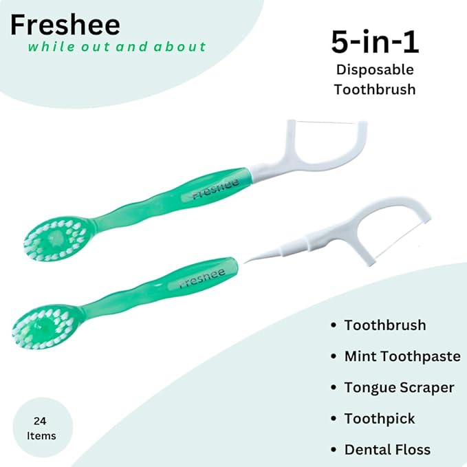 Freshee 5 in 1 Disposable Mini Toothbrush with Toothpaste + Floss + Pick + Tongue Scraper | Travel Size | Individually Wrapped | Soft | Mint | Travel Set | Oral Care