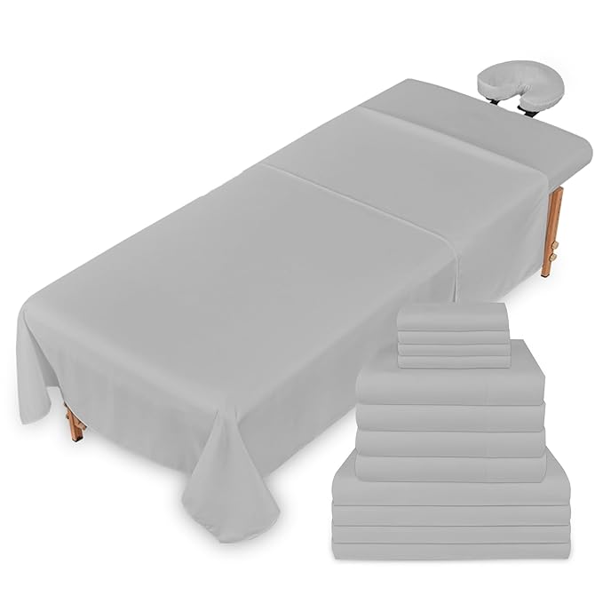 Massage Table Sheets Sets – 4 Set Bundle, 120GSM Double Brushed Microfiber, Premium Massage Sheets Sets, Spa Bed Sheets for Esthetician, Wrinkle & Oil Resistant, Light Gray
