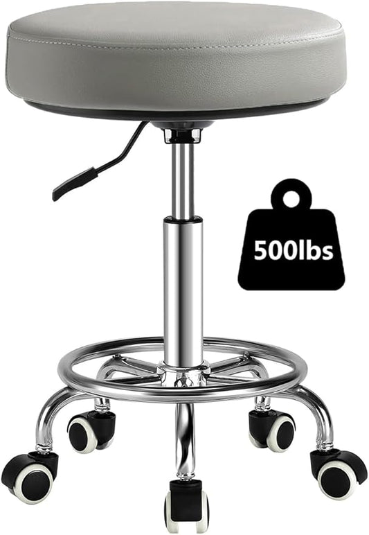 Adjustable Rolling Stool with Wheels - Ergonomic Salon & Tattoo Artist Chair, Office Stool with Comfortable PU Leather Seat, Grey