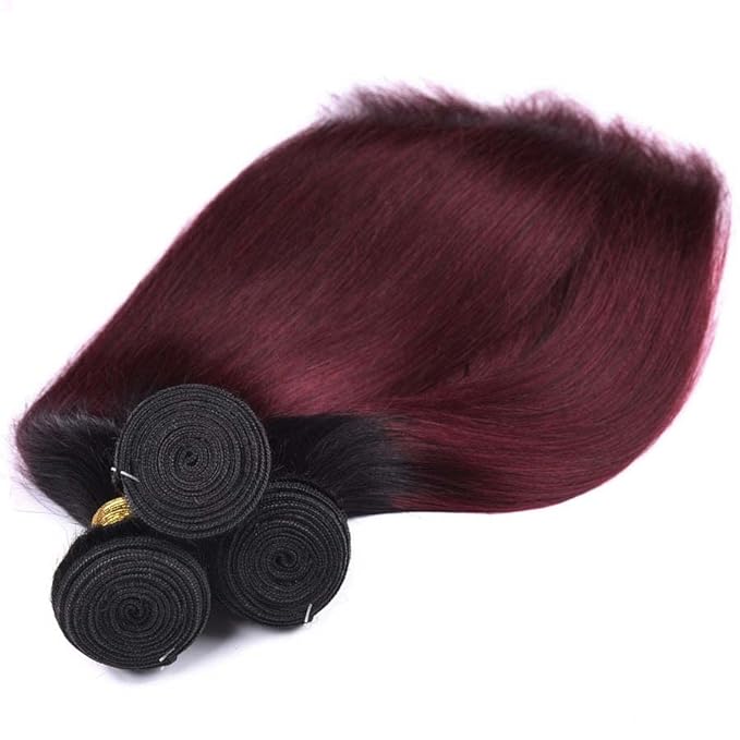 Ombre Human Hair 1B99j Straight Bundles Black Mixed With Burgundy Straight Bundles Two Tone Brazilian Human Hair Extensions Soft and Silky for Black Women 26 28 30 Inch