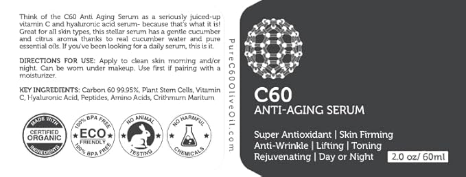 C60 Anti-Aging Face Serum 60ml with Hyaluronic Acid, Plant Stem Cells, Peptides, Vitamins B + C & Anti Aging Wrinkle Complexes for Men & Women Made with Organic Ingredients