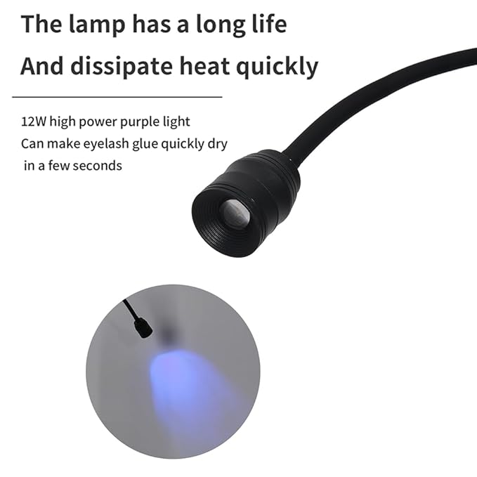 12W UV Lash Light with Foot Pedal, Rapid Dry in 2 Seconds Lash Lamp for Eyelash Extension Grafting Eyebrow Beauty Salon, Adjustable Angle and Light Spot Size, Lash Lamp for Eyelash Tech (White)