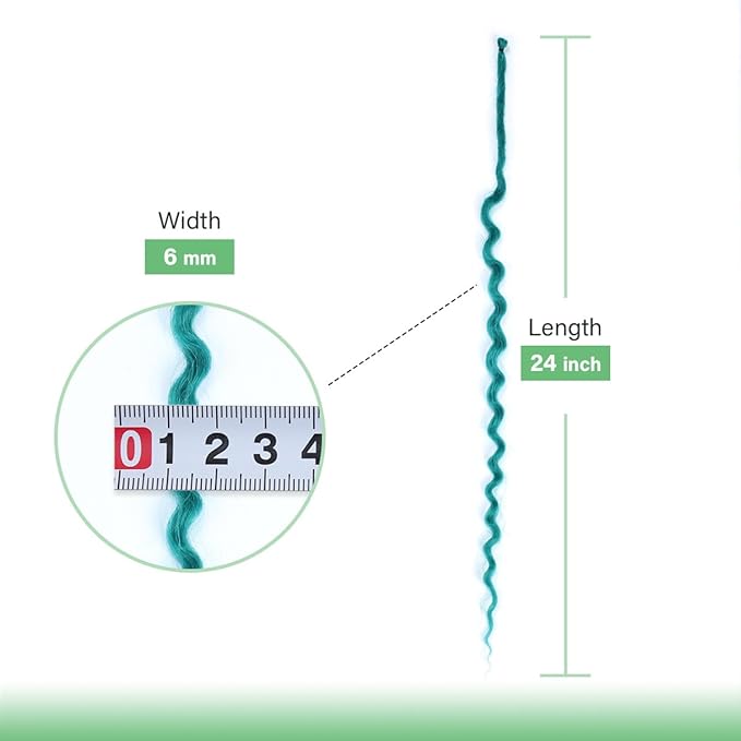 24 In 30 Strands Curly Dreadlock Extensions, Castleton Green Synthetic Single Ended Dreads Extensions, 100% Handmade Dreads Hippie Style Dreadlocks for Woman