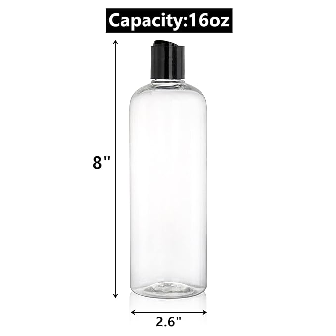 Peohud 20 Pack 16oz Clear Plastic Empty Bottles with Disc Top Flip Caps, Refillable Shampoo Bottles, Squeezable Travel Containers for Shampoo, Lotions, Liquid Body Soap, Creams, BPA Free