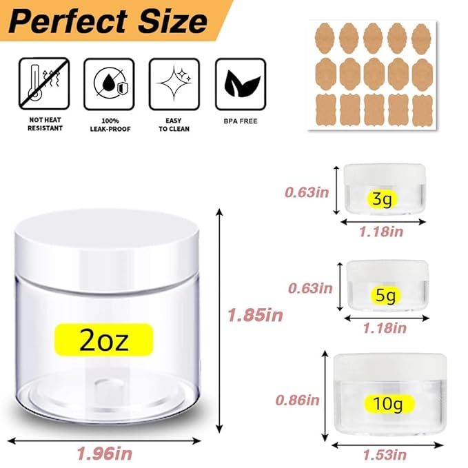 2 oz Plastic Containers with Lids 100pcs Plastic Jars with White Lids + 3/5/10 Gram 24pcs Sample Containers Travel Jar– Great for Lip Scrub, Body Butters, Cream, Lotion, Labels & Spatulas (124 Pack)