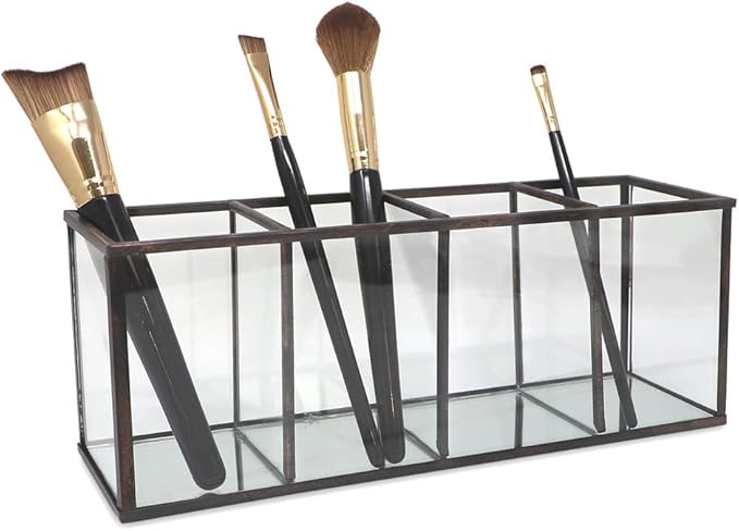 Isaac Jacobs 4-Compartment Organizer- Makeup Brush Holder- Vintage Style Brass and Glass Storage Solution with Mirror Base- Office, Bathroom, Kitchen Supplies and More (Antique Bronze)