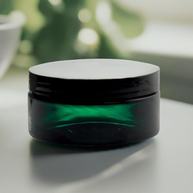 JUVITUS (12 Pack) 8 oz Green PET Plastic Low Profile Jar with Black Smooth Lid
