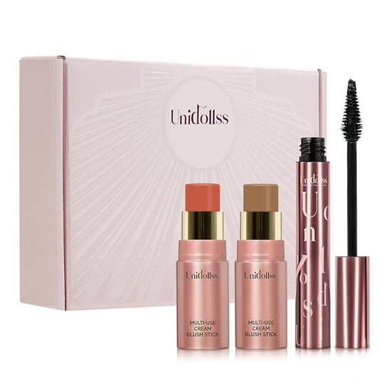 3 Pcs Unidollss Tubing Mascara and Blush Stick Set, Volume and Length Black Mascara Lengthening Long Lasting All Day, Washable Voluminous Tubing with a Random Accessory Included(03,05)
